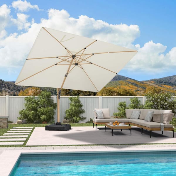 9 ft. x 12 ft. Outdoor Patio Cantilever Umbrella Teak Finished Offset 360° Rotation Umbrella in Cream