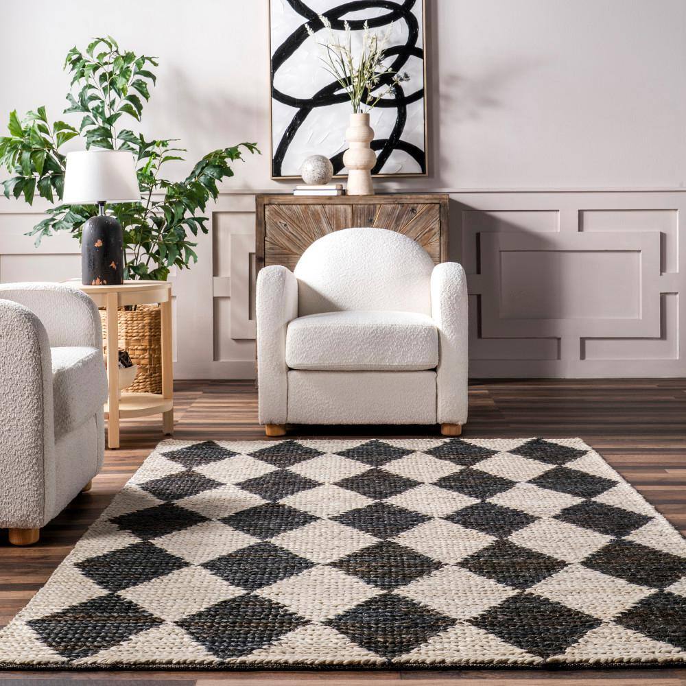 Charcoal and White Diamond Striped Cotton Area Rug, 8' x 10'