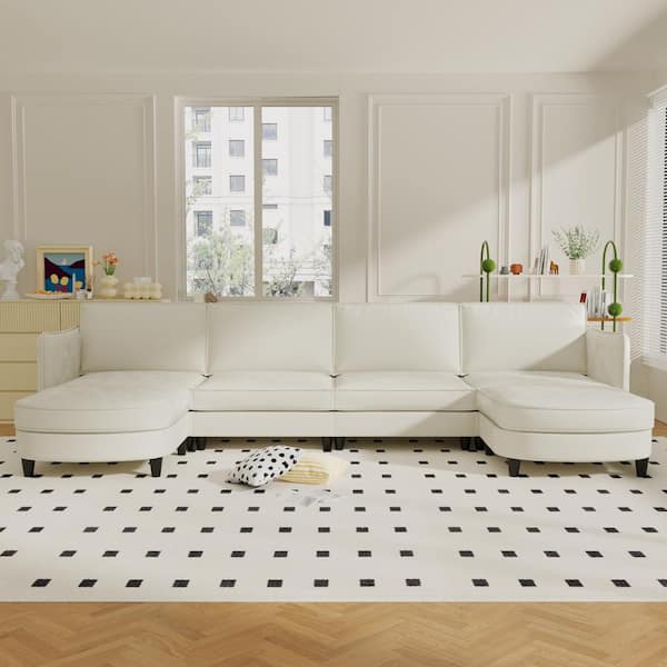 141.5 in. U Shaped Fabric Modern Large Sectional Sofa in Beige with Ottoman, Pockets for Living Room, Apartment, Office