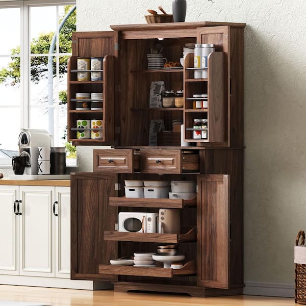 Antique Brown Wood 31.5 in. Kitchen Cart Embossed Texture Freestanding Kitchen Pantry with 6 Door Shelves and 2-Drawer