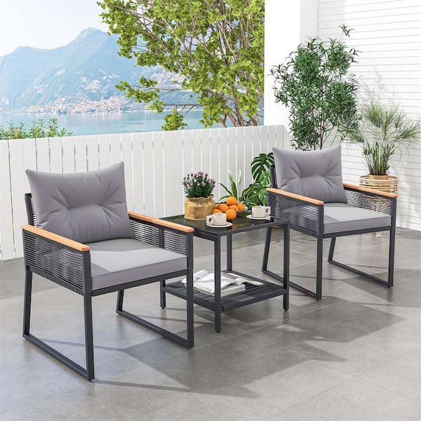 3-Piece Wicker Outdoor Conversation Set with 2-Layer Side Table and Grey Cushions