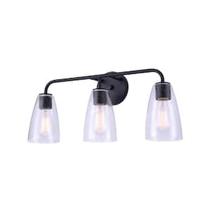 Kona 24.25 in. 3-Light Matte Black Vanity Light with Seeded Glass Shades