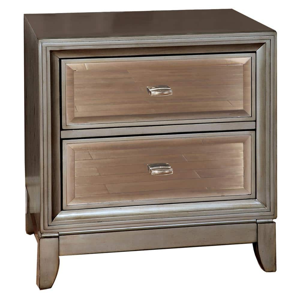 Champagne Wood Contemporary Nightstand with Crystal-Like Trim - Textured Front - and Multiple Storage Drawers - 2-Drawer