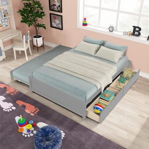 Gray Full Size Platform Bed with Twin Trundle and 2-Drawers, Wood Kids Captain Platform Bed Frame with Wood Slats