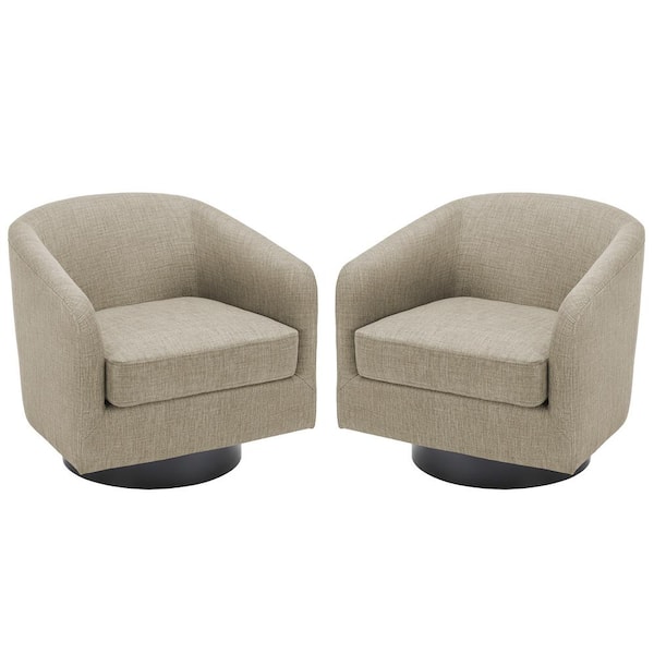 Modern Light Brown Polyester Upholstered 360-Degree Swivel Accent Arm Chair With Wood Base(Set of 2)