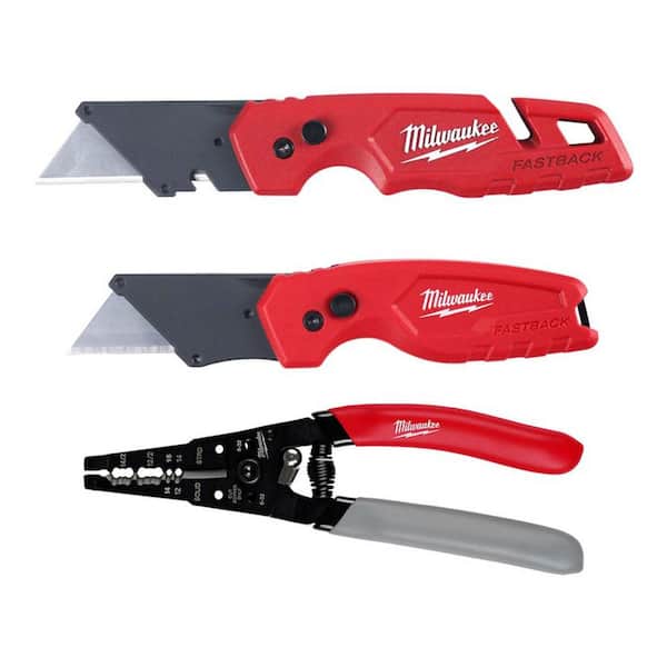 Milwaukee FASTBACK Folding Utility Knife and Compact Folding Utility Knife with 12-16 AWG NM Wire Stripper and Cutter (3-Piece)