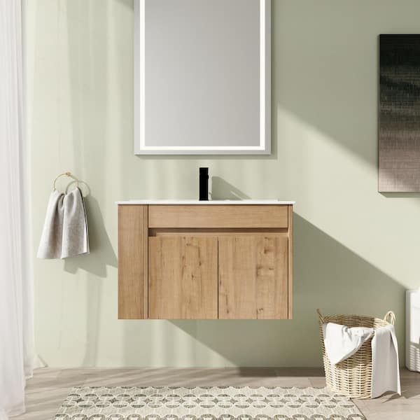 30 in. Wall-Mounted Single Oak Bath Vanity with White Ceramic Top Unassembled