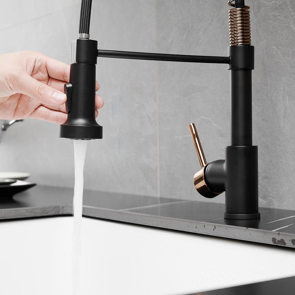 Matte Black and Rose Gold Pull Down Kitchen Faucet with LED Light