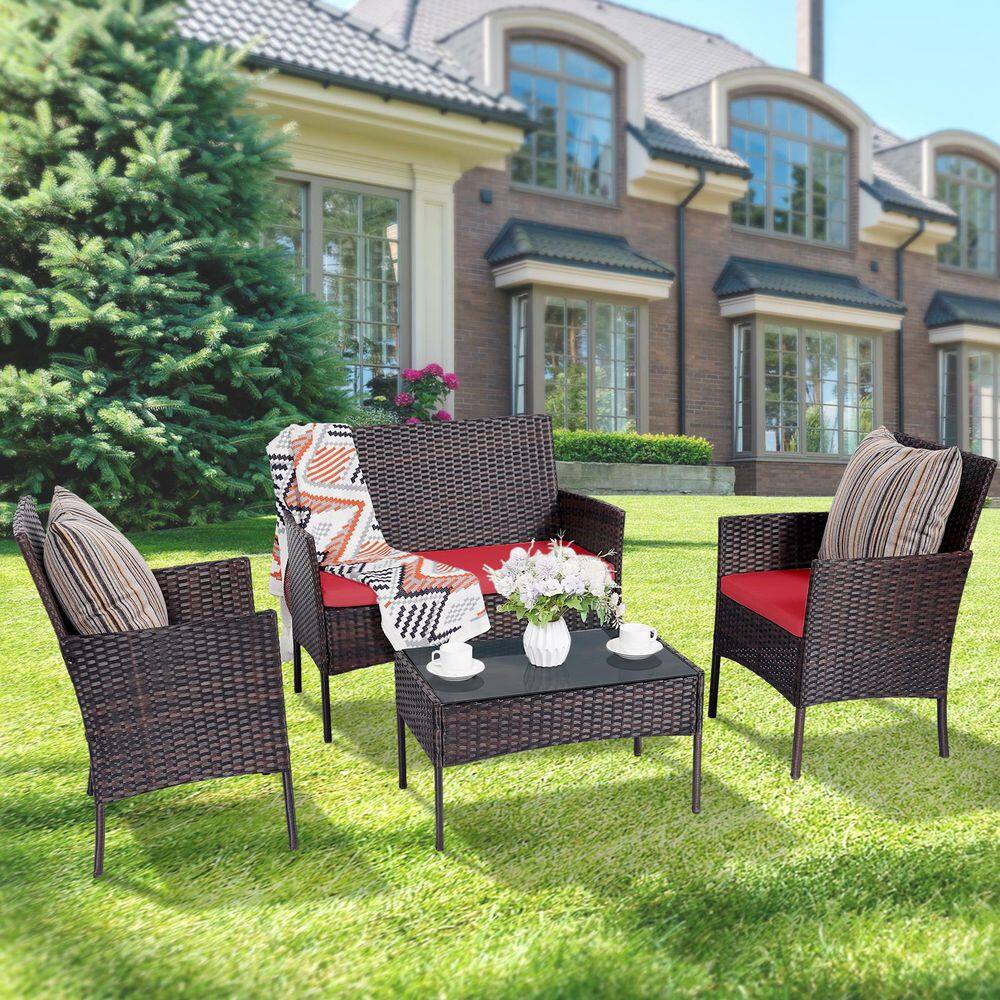 Brown 4-Piece Wicker Patio Conversation Set with Red Cushions and Glass Coffee Table price history on PriceWatchPro
