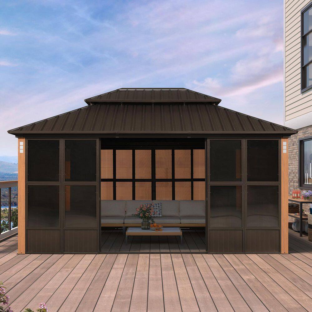 12 ft. x 16 ft. Sunroom Hardtop Gazebo Solarium Galvanized Steel Double Roof Aluminum Screen House Patio Backyard Bronze price history on PriceWatchPro