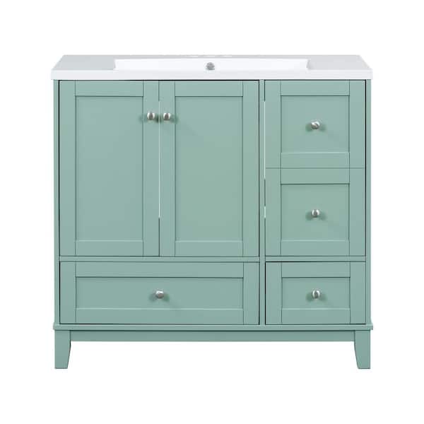 36 in. W x 18 in. D x 34 in. H Single Sink Freestanding Bath Vanity in Green with White Resin Top