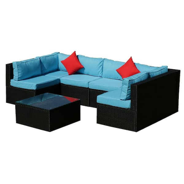 Unbranded 5 Pieces Black Wicker Patio Conversation Set Furniture Sofa Set with 2 Pillow Blue Cushions and Table for Garden