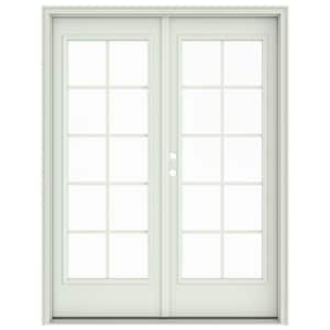 60 in. x 80 in. Right-Hand/Inswing Low-E 10 Lite Primed Fiberglass Double Prehung Patio Door with Brickmould