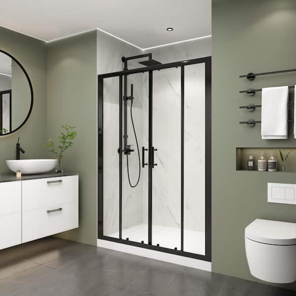 56 in. 60 in. W x 70 in. H Sliding Framed Alcove Shower Door Bath Panel in Matte Black Finish with Clear Glass