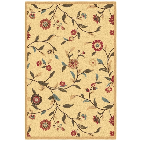 Ottomanson Ottohome Collection Non-Slip Rubberback Floral Leaves 3x5 Indoor Area Rug, 3 ft. 3 in. x 5 ft., Beige