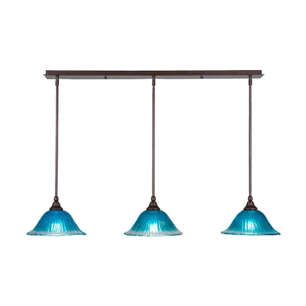 Unbranded Livingston 100-Watt 3 Light Bronze, Linear Pendant Light with 10 in. Teal Crystal Glass Shades No Bulbs Included