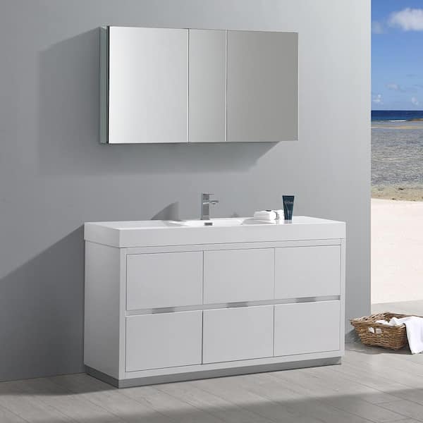 Valencia 60 in. W Vanity in White with Acrylic Vanity Top in White with White Basin and Medicine Cabinet