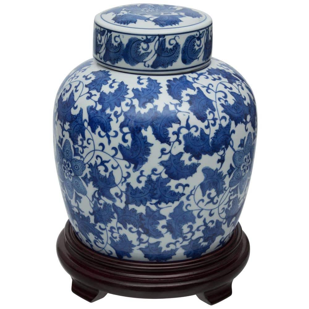 10" Blue and White Porcelain Floral Ginger Jar