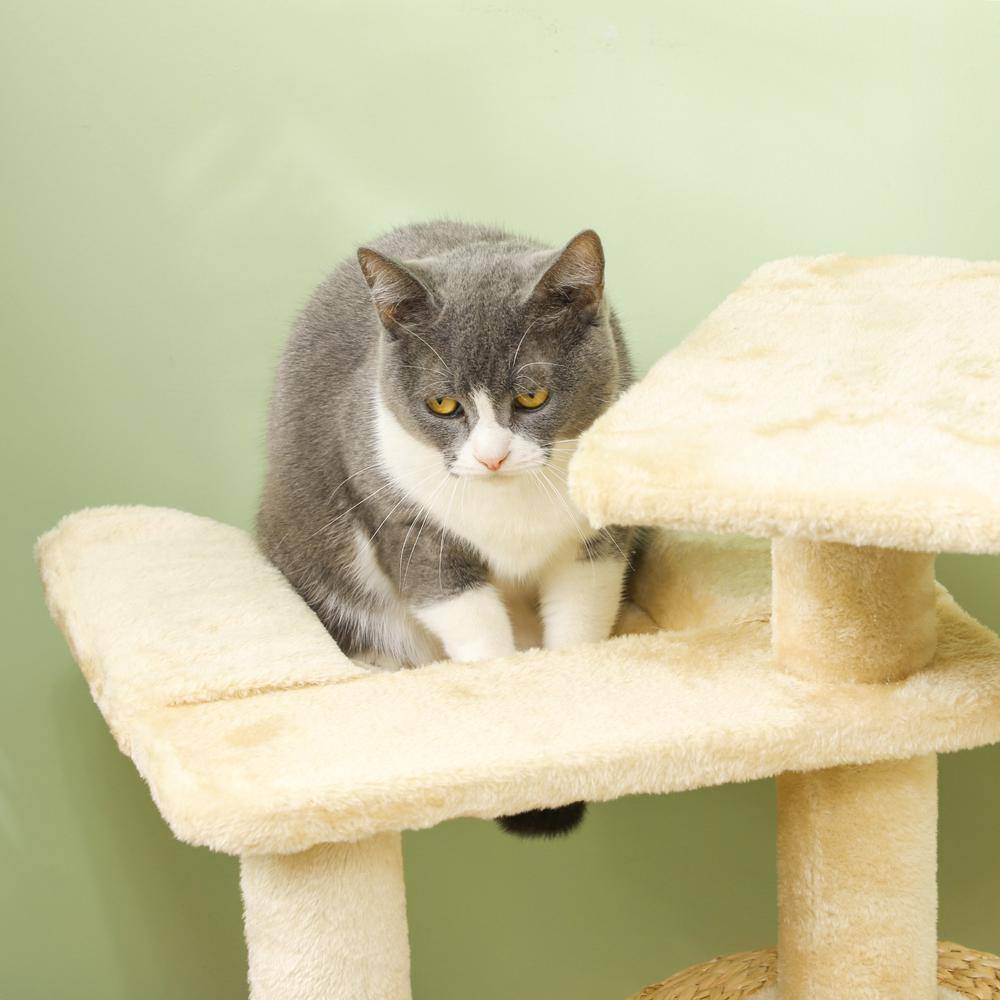 Beige Plush and Wicker 44" Cat Tree Tower with Hammock