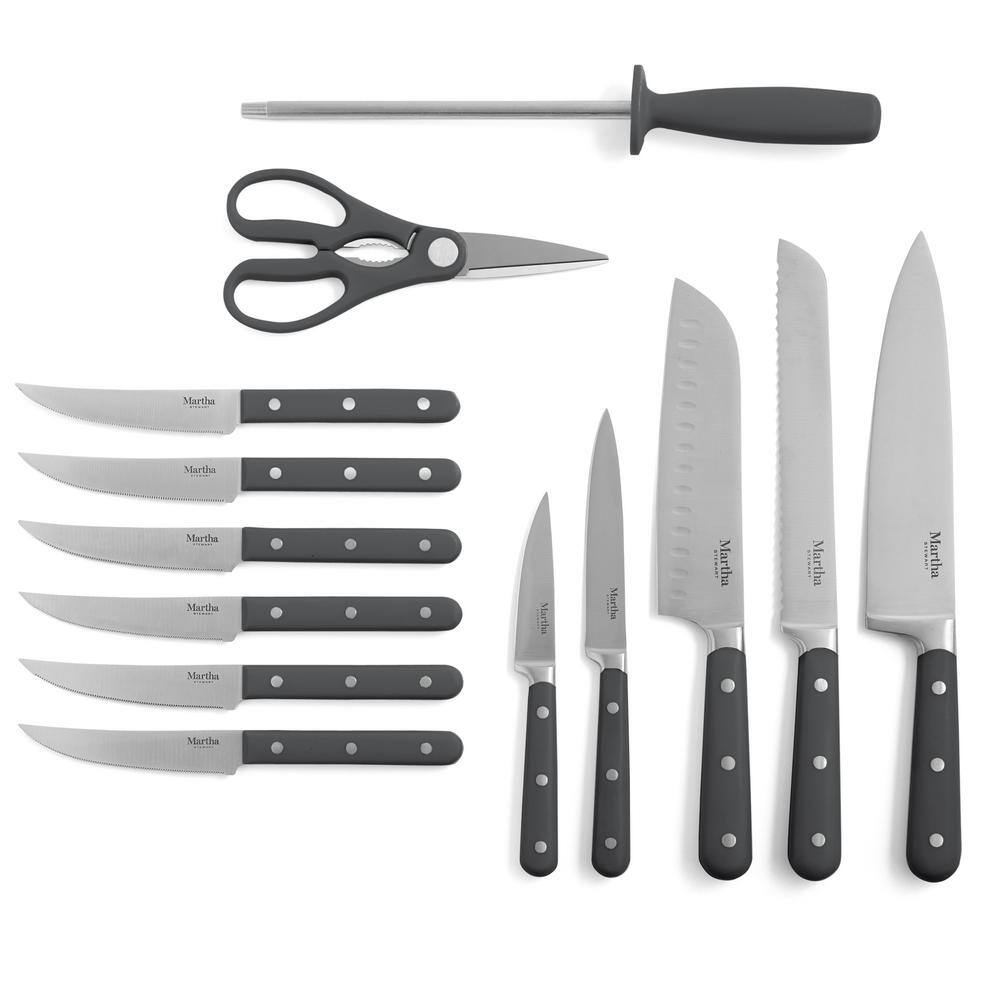 Gray 14-Piece Stainless Steel Cutlery Set with Acacia Wood Block