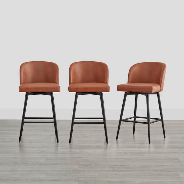 Spruce & Spring 26 in. Cynthia Reddish Brown High Back Metal Swivel Counter Stool with Faux Leather Seat (Set of 3)