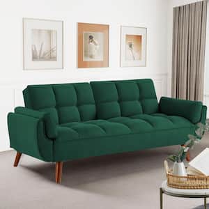 Green 75.39 in. Wide Linen Arm Chair Convertible Futon Sofa Bed with Pillow Top Armrests for Small Spaces