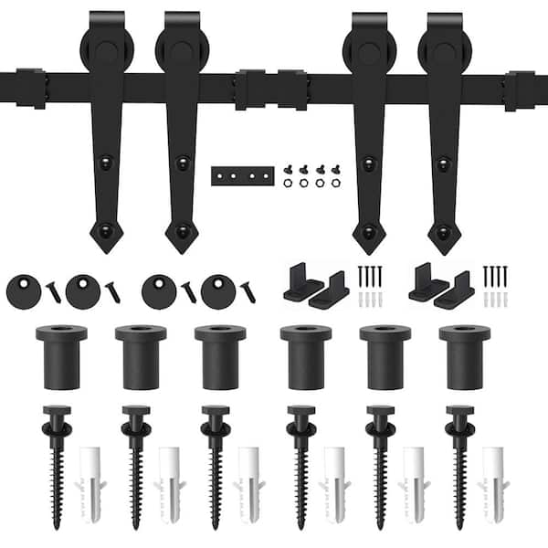 WINSOON 9 ft. /108 in. Black Heavy Duty Steel Rolling Barn Door Hardware Kit for Double Wood Doors with Non-Routed Floor Guide