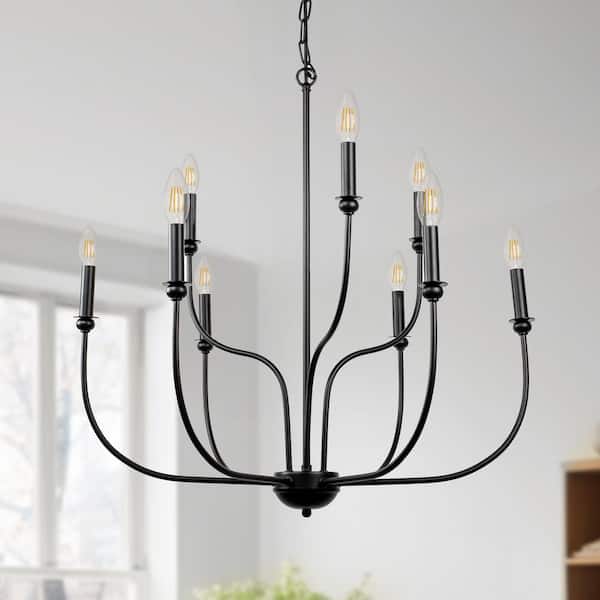 9-Light Matte Black Farmhouse Candle Circle Chandelier for Living Room and Adjustable Hanging Length