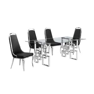 Dominga 5-Piece Glass Top with Stainless Steel Set with 4 Black Velvet Chairs.
