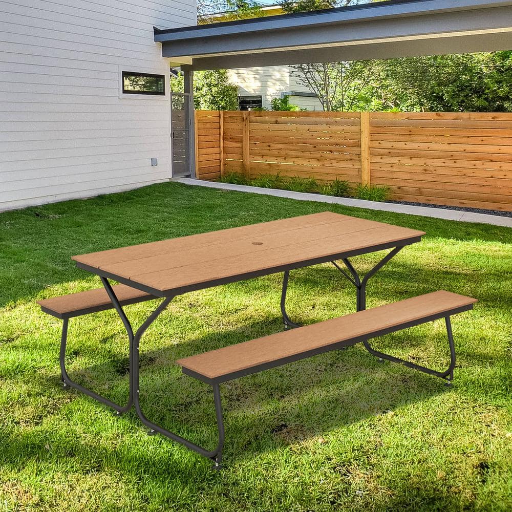 6FT Brown HDPE and Metal Outdoor Picnic Table Bench Set