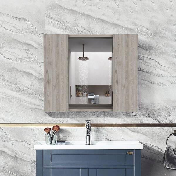 cadeninc 23.6 in. W x 19.5 in. H Bathroom Surface Mount Medicine Cabinet with Double Door, Mirror,1-Shelf in Light Gray