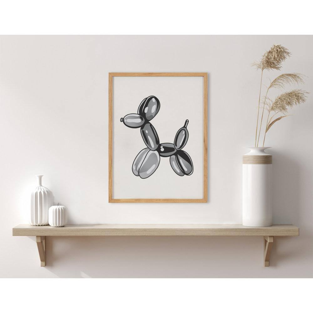 Modern Black Balloon Dog Print in Natural Oak Frame