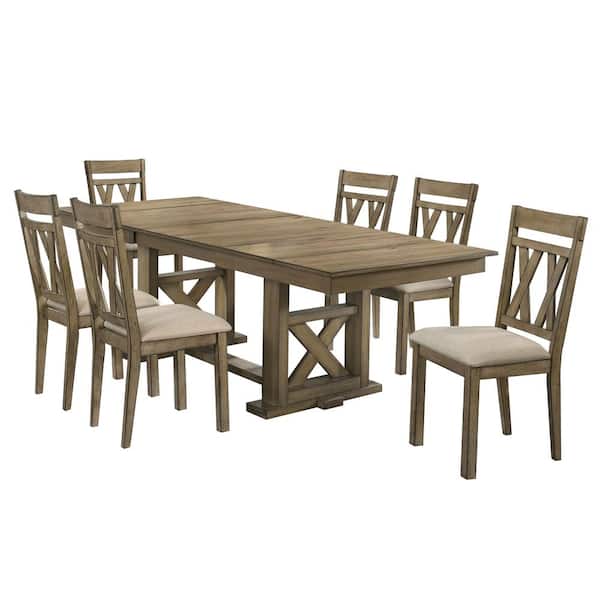 Furniture of America Vista Hills 7-Piece Light Brown and Beige Wood Dining Set with Care Kit