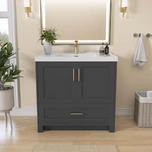 Eclipse 36 in. Freestanding Deep Gray Bath Vanity with White Single Sink Solid Surface Top Solid Wood Cabinet Assembled