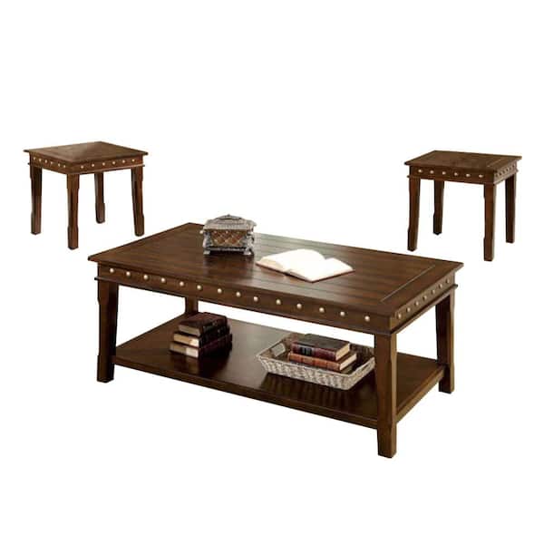 Benjara 3-Piece 56 in. Brown Large Rectangle Wood Coffee Table Set with Shelf