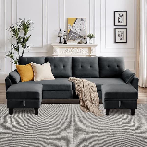 STICKON 101 in. W Straight Arms 4-Seat U-Shaped Fabric Modern Sectional Sofa in Dark Gray with Storage Ottoman