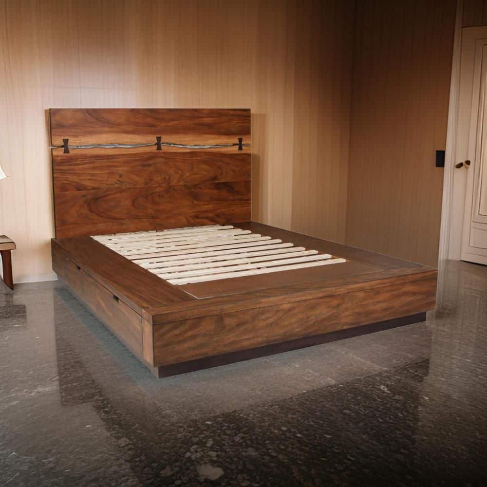 Benjara Zeko Brown and Black Wood Frame King Panel Bed with
