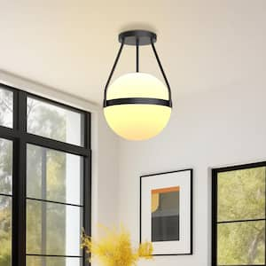 10 in. 1-Light Black Semi-Flush Mount with White Frosted Glass Shade and No Bulb Included (1-Pack)