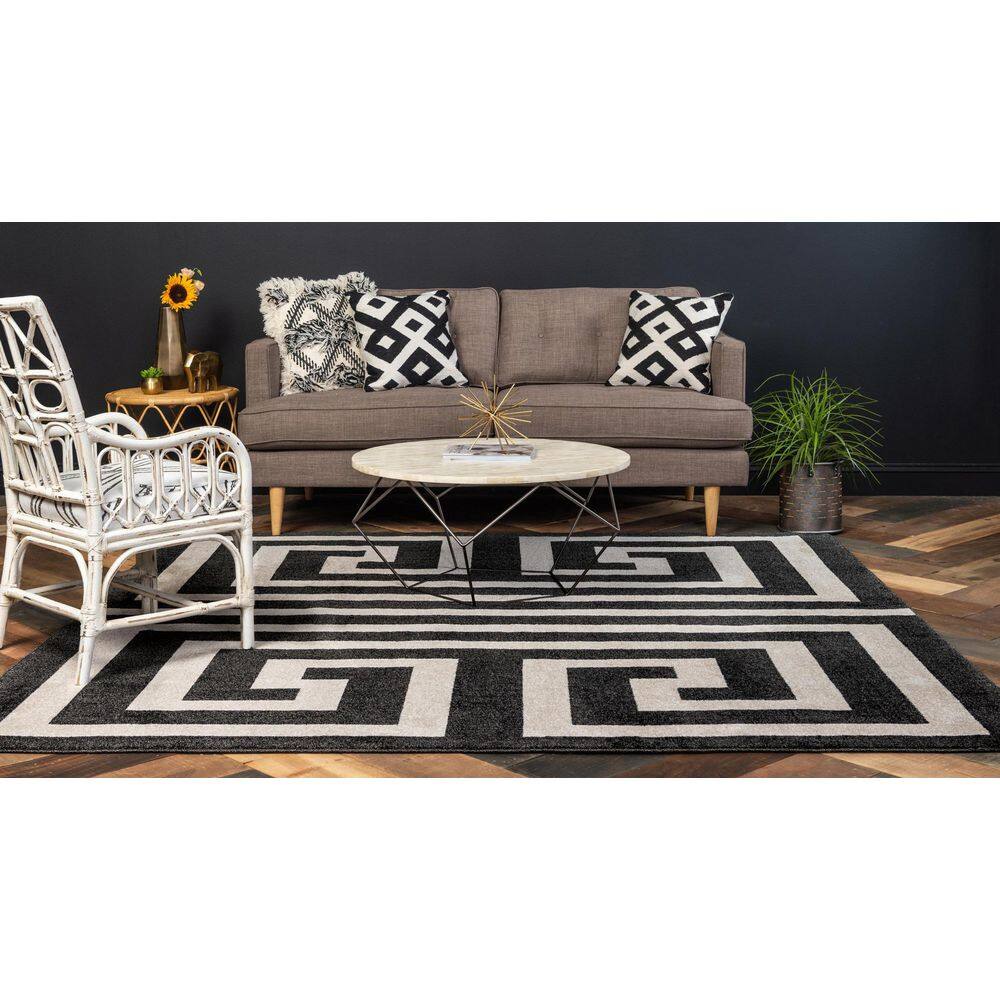 Black Synthetic Square Geometric Stain-Resistant Rug