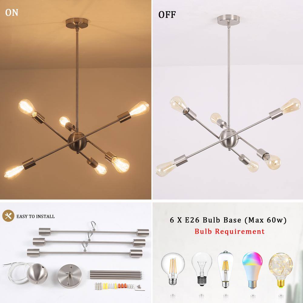 Nickel 6-Light Linear Sputnik Chandelier with Adjustable Height