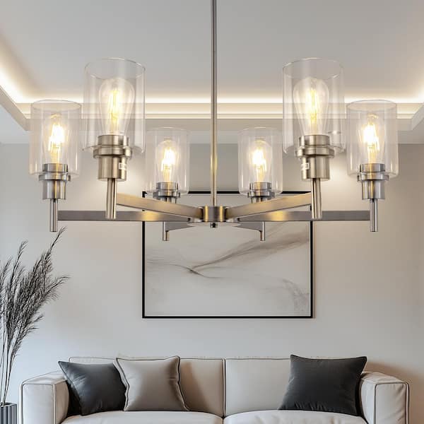 6-Light Farmhouse Chandelier with Clear Glass Shades - Modern Nickel Pendant Light for Dining Room or Kitchen Island