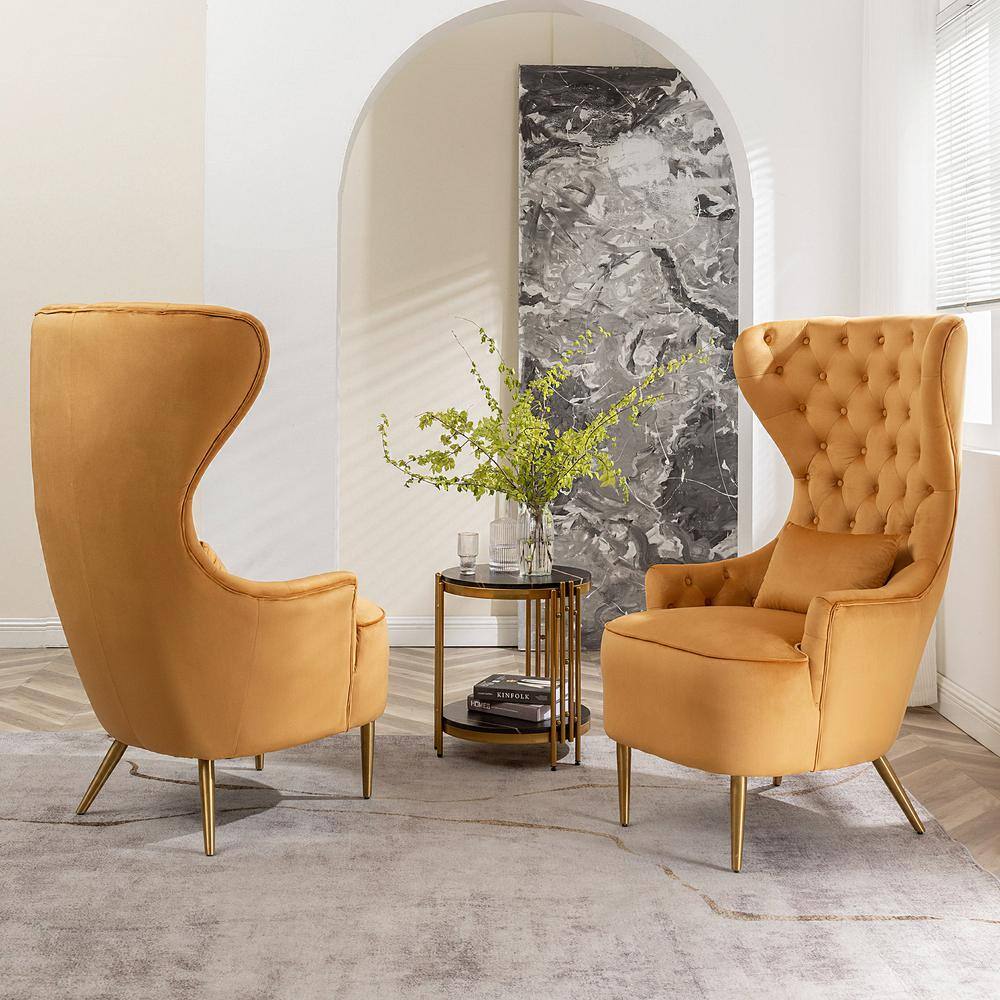 Camel Velvet Tufted Wingback Accent Chair with Gold Legs