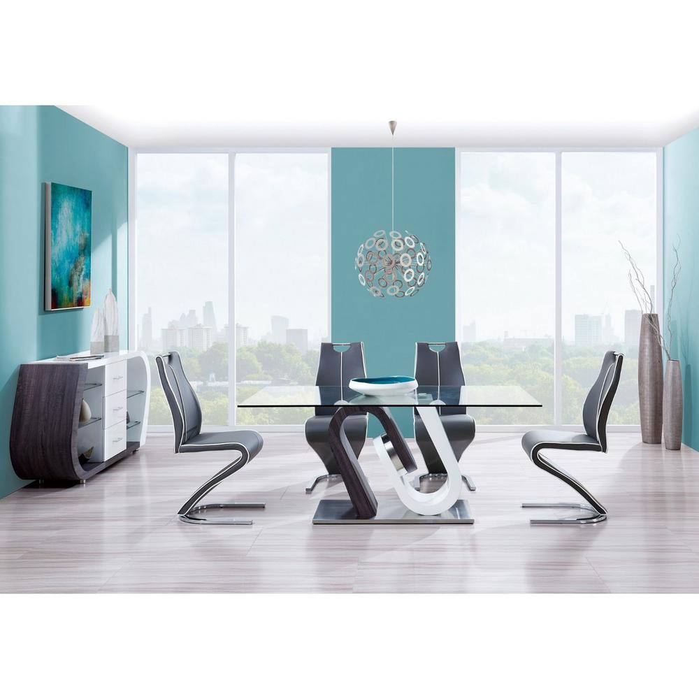 Rectangular Glass Top Dining Table with Geometric Base