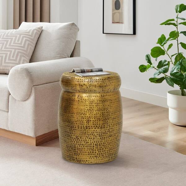 THE URBAN PORT Kvira 16.0 in. Antique Brass Round Aluminum Drum Side End Table with Artisan Hammered Embossed Texture
