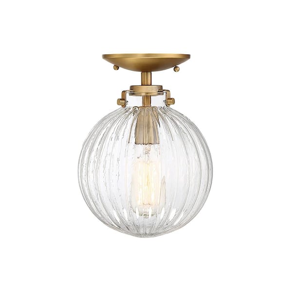 8 in. W x 11 in. H 1-Light Brushed Natural Brass Semi-Flush Mount with Clear Ribbed Glass Shade