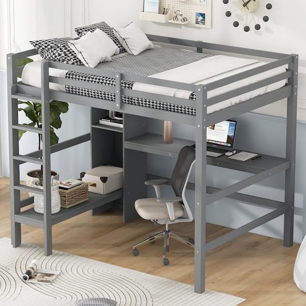 Gray Full Size Pine Wood Loft Bed with Multifunction Shelves and Under-bed Desk