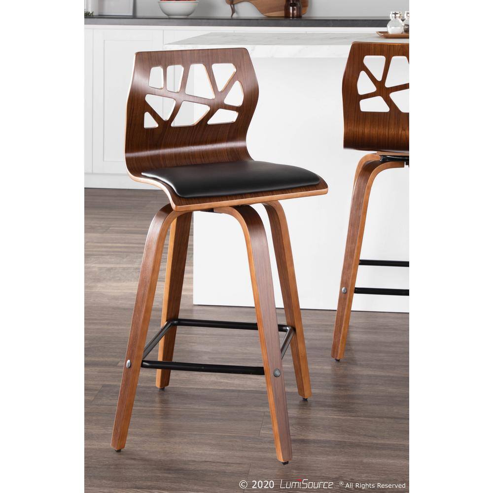 Mid-Century Modern Swivel Counter Stool in Black Leather and Walnut Wood