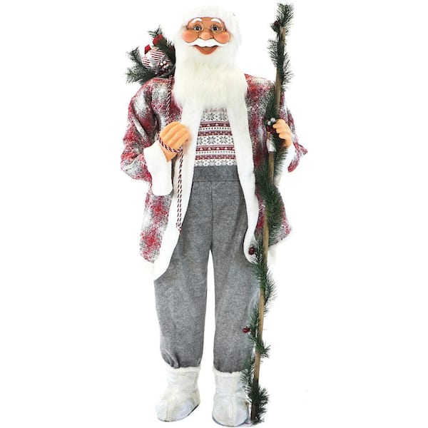 Fraser Hill Farm 5 ft. Christmas Standing Santa Claus Holding a Staff and Wearing a Tweed Jacket with White Fur Trim