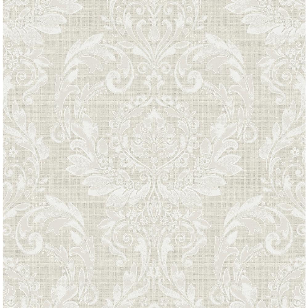 Seabrook Designs 56 sq. ft. Metallic Oyster Damask Unpasted Paper Wallpaper Roll MS90105