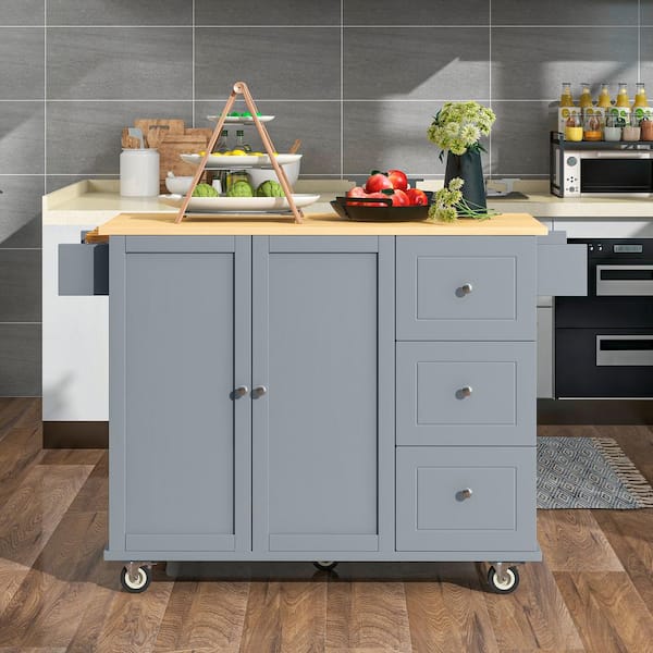 52.7 in. W Dusty Blue Mobile Kitchen Island with Locking Wheels, Storage Cabinet, Spice Rack, Towel Rack and Drawers